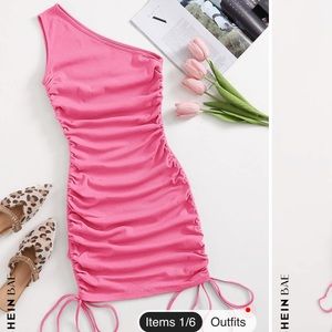 Pink Ruched One Shoulder Mini Dress